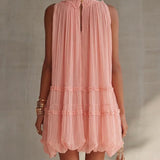 Rúžové Chiffon Mini Šaty Magdalena s Halter Výstrihom